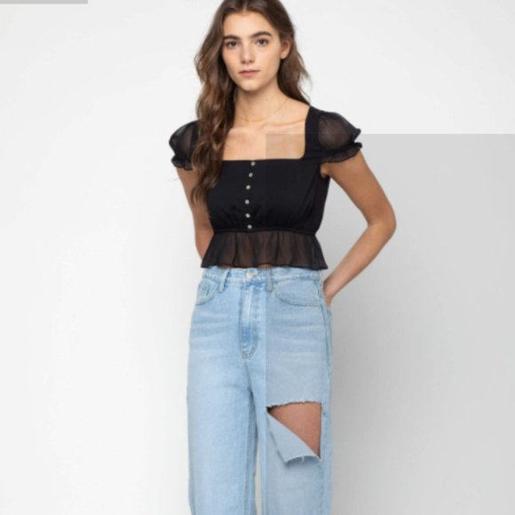 OAK + FORT Tops - OAK + FORT CROPPED PEPLUM TOP - Black - NWT - Medium